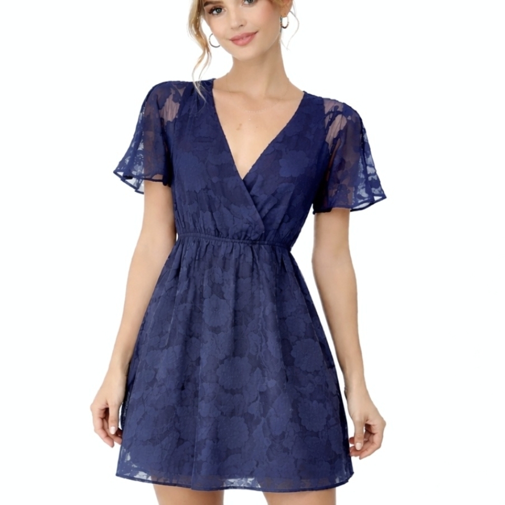 Lulu’s Navy Burnout Floral Lace Mini Dress Flutter Sleeve V-Neck Boho NWT L